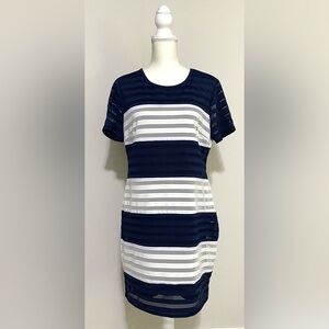 Beige by ECI Womens L Navy Blue White Stripe Short Sleeve Straight Dress Classic